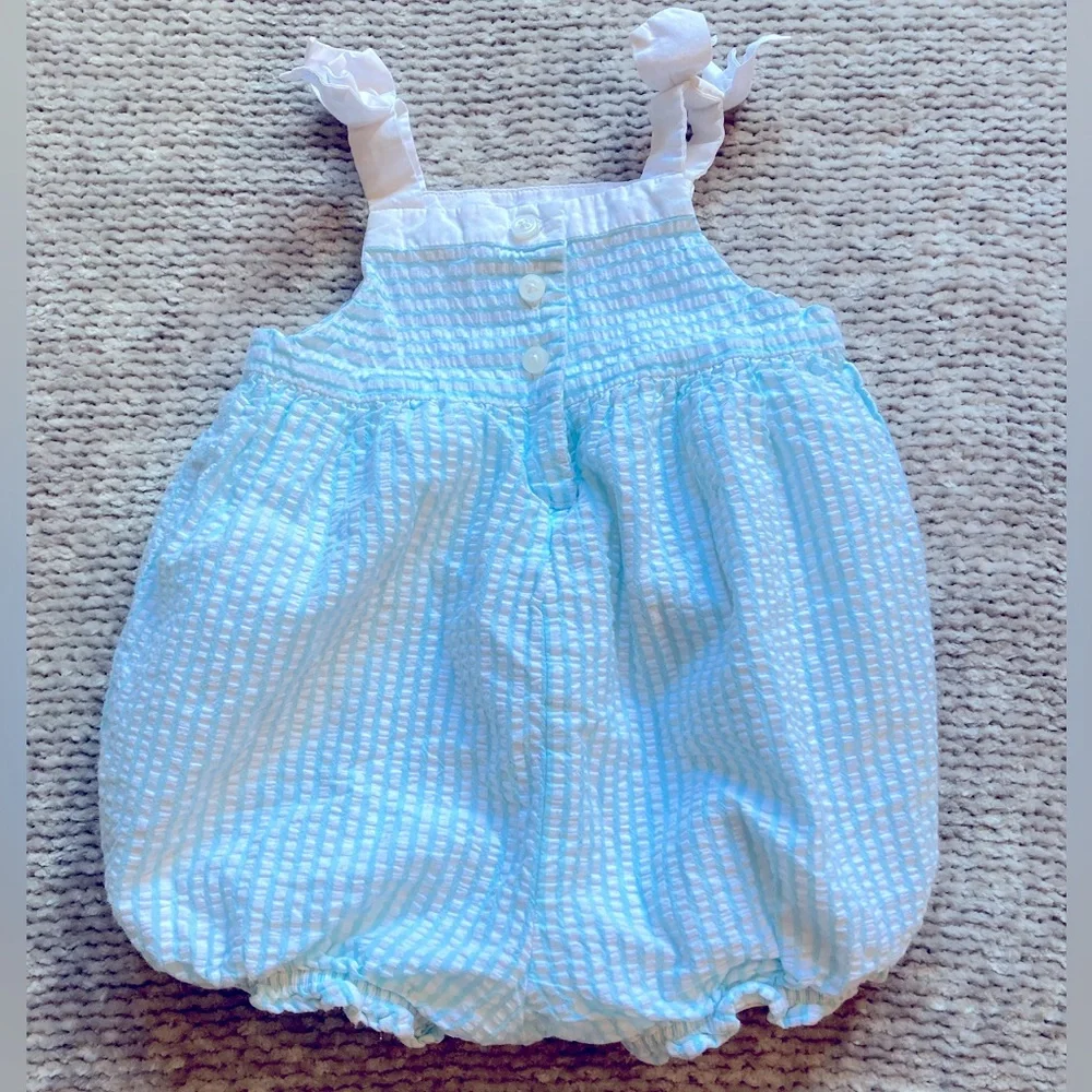 Baby Girls Seersucker Nautical Bubble Romper 100%‎ Cotton Coastal 6-12 Months